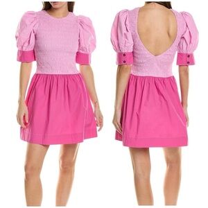 NWT GANNI COLOUR BLOCK Organic COTTON POPLIN SMOCKED MINI DRESS IN PHLOX PINK 38